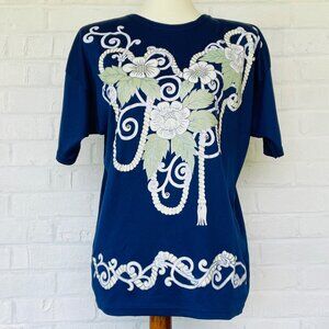 Vtg 80s Sassy Sport T Shirt Sz S Navy Floral Nautical Studs Beach Grandmacore